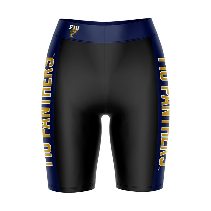 FIU Panthers Vive La Fete Game Day Logo on Waistband and Navy Stripes Black Women Bike Short 9 Inseam