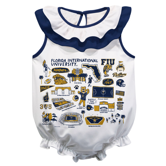 FIU Panthers  White Hand Sketched Vive La Fete Impressions Artwork Sleeveless Ruffle Onesie Bodysuit