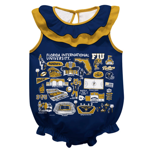 FIU Panthers  Blue Hand Sketched Vive La Fete Impressions Artwork Sleeveless Ruffle Onesie Bodysuit