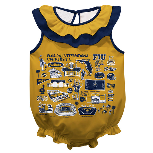 FIU Panthers  Gold Hand Sketched Vive La Fete Impressions Artwork Sleeveless Ruffle Onesie Bodysuit
