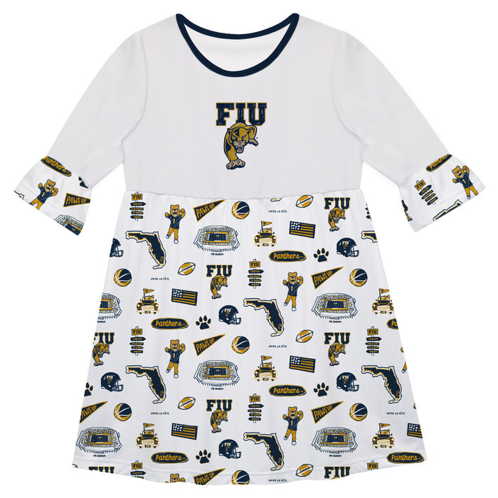 FIU Panthers 3/4 Sleeve Solid White Repeat Print Hand Sketched Vive La Fete Impressions Artwork on Skirt