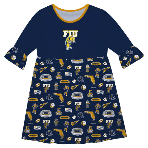FIU Panthers 3/4 Sleeve Solid Blue Repeat Print Hand Sketched Vive La Fete Impressions Artwork on Skirt