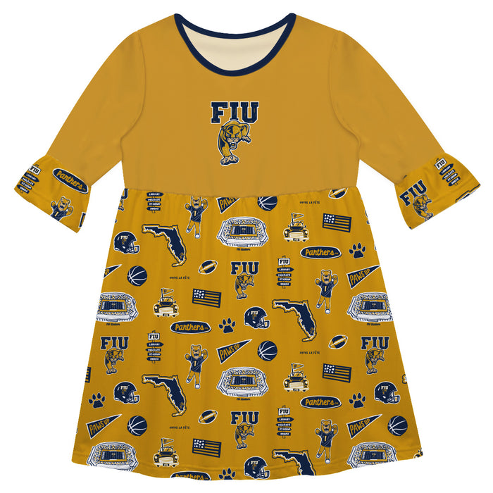 FIU Panthers 3/4 Sleeve Solid Gold Repeat Print Hand Sketched Vive La Fete Impressions Artwork on Skirt
