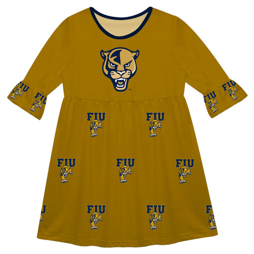 FIU Panthers Vive La Fete Girls Game Day 3/4 Sleeve Solid Gold All Over Logo on Skirt