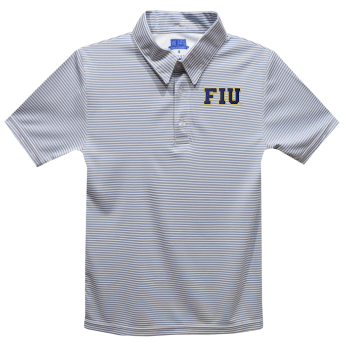 FIU Panthers Embroidered Gray Stripes Short Sleeve Polo Box Shirt