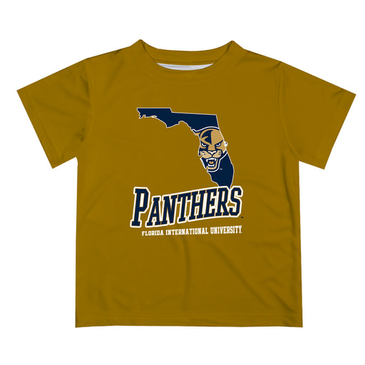 Florida International Panthers Vive La Fete State Map Gold Short Sleeve Tee Shirt
