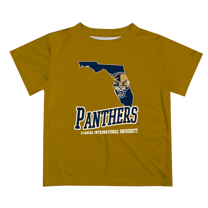 Florida International Panthers Vive La Fete State Map Gold Short Sleeve Tee Shirt