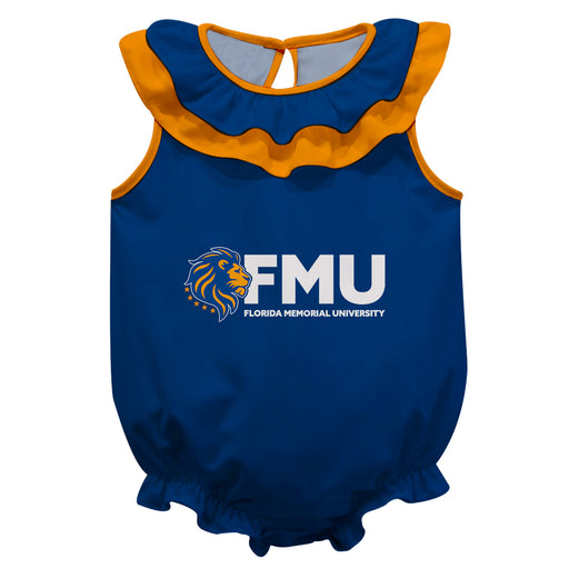Florida Memorial University FMU Lions Blue Sleeveless Ruffle Onesie Logo Bodysuit