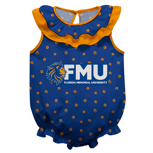 Florida Memorial University FMU Lions Swirls Blue Sleeveless Ruffle Onesie Logo Bodysuit
