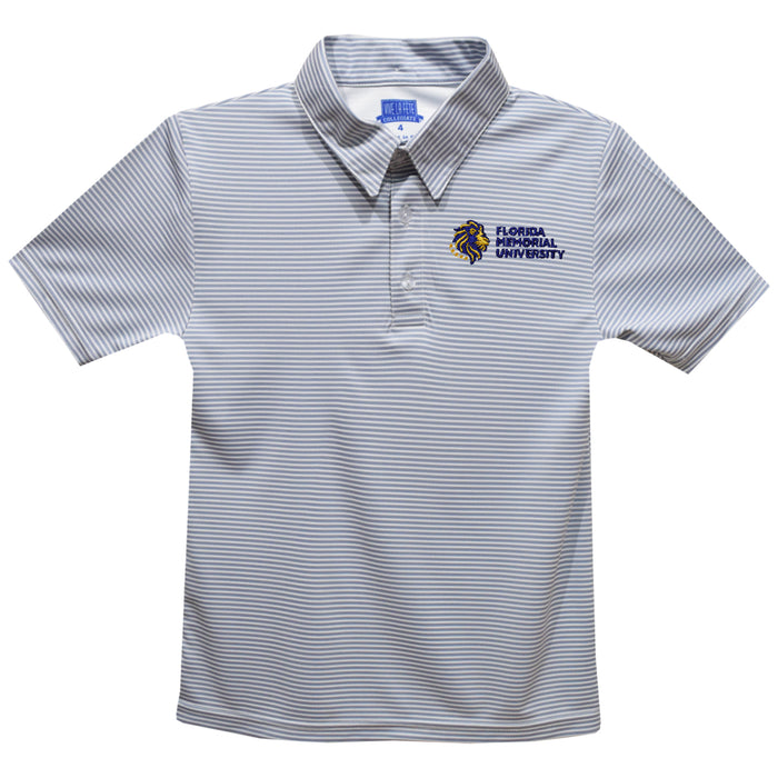 Florida Memorial University FMU Lions Embroidered Gray Stripes Short Sleeve Polo Box Shirt
