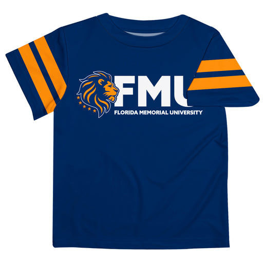 Florida Memorial University FMU Lions Vive La Fete Boys Game Day Blue Short Sleeve Tee with Stripes on Sleeves