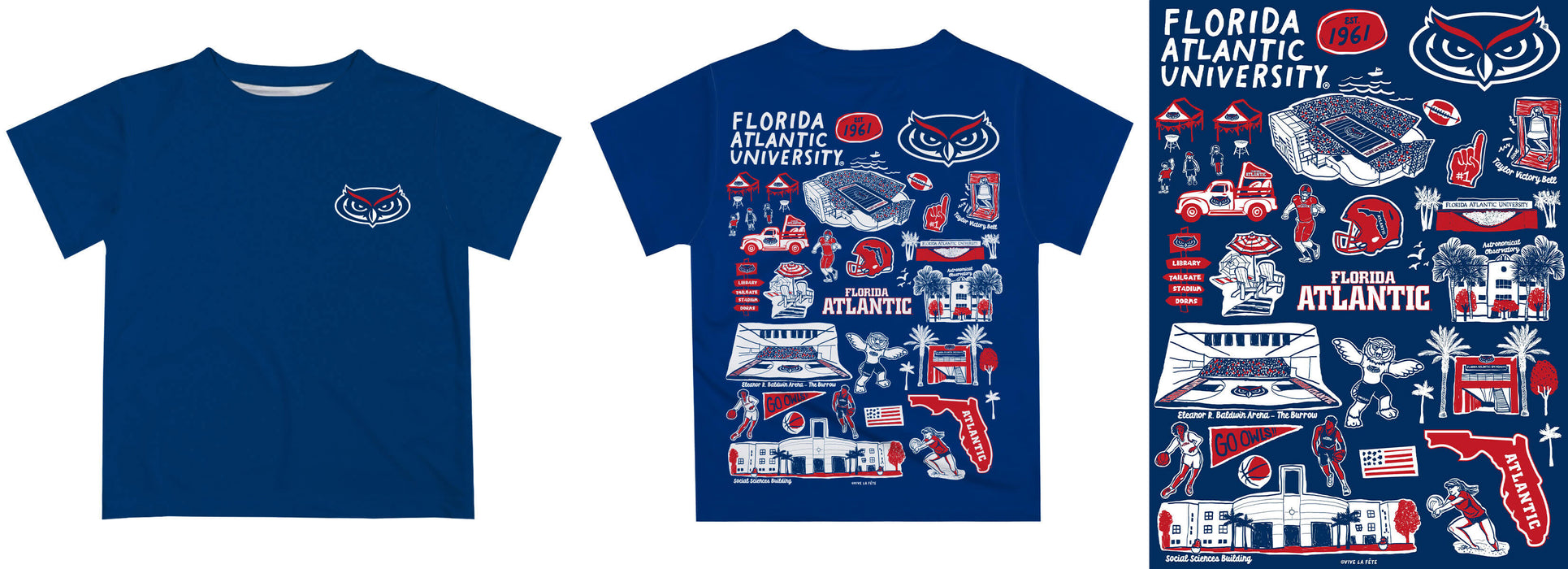 Florida Atlantic Owls Hand Sketched Vive La Fete Impressions Artwork Boys Red Short Sleeve Tee Shirt - Vive La Fête - Online Apparel Store