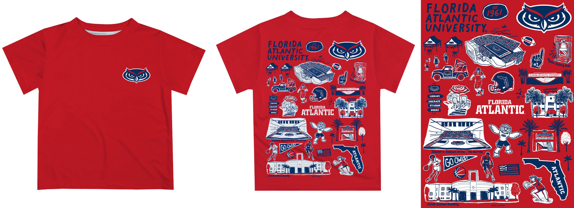 Florida Atlantic Owls Hand Sketched Vive La Fete Impressions Artwork Boys Red Short Sleeve Tee Shirt - Vive La Fête - Online Apparel Store