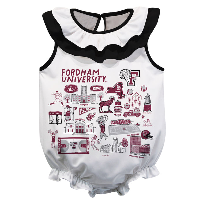 Fordham Rams  White Hand Sketched Vive La Fete Impressions Artwork Sleeveless Ruffle Onesie Bodysuit