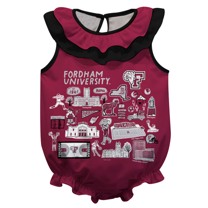 Fordham Rams  Maroon Hand Sketched Vive La Fete Impressions Artwork Sleeveless Ruffle Onesie Bodysuit