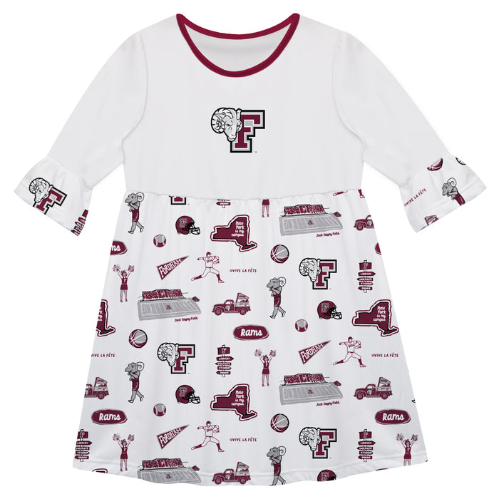 Fordham Rams 3/4 Sleeve Solid White Repeat Print Hand Sketched Vive La Fete Impressions Artwork on Skirt