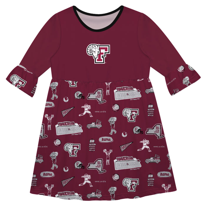 Fordham Rams 3/4 Sleeve Solid Maroon Repeat Print Hand Sketched Vive La Fete Impressions Artwork on Skirt