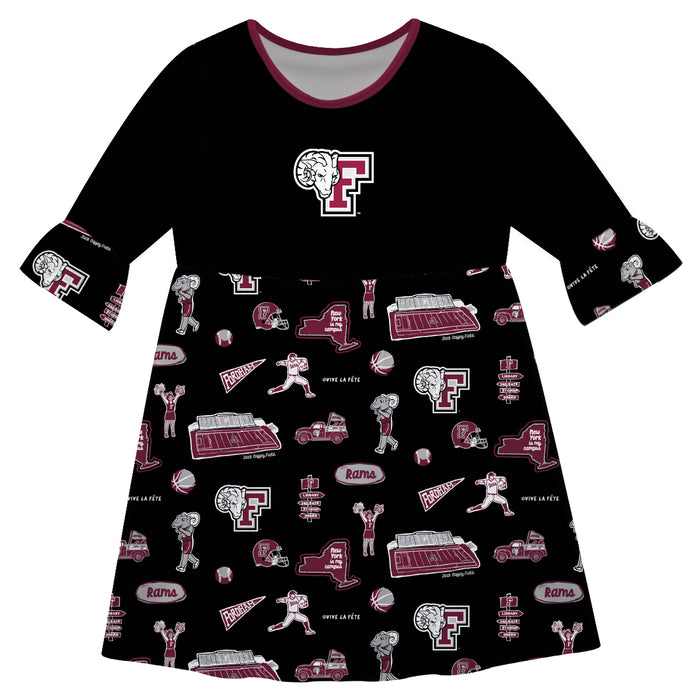 Fordham Rams 3/4 Sleeve Solid Black Repeat Print Hand Sketched Vive La Fete Impressions Artwork on Skirt