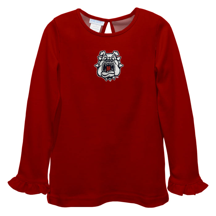 Fresno State Bulldogs Embroidered Red Knit Long Sleeve Girls Blouse