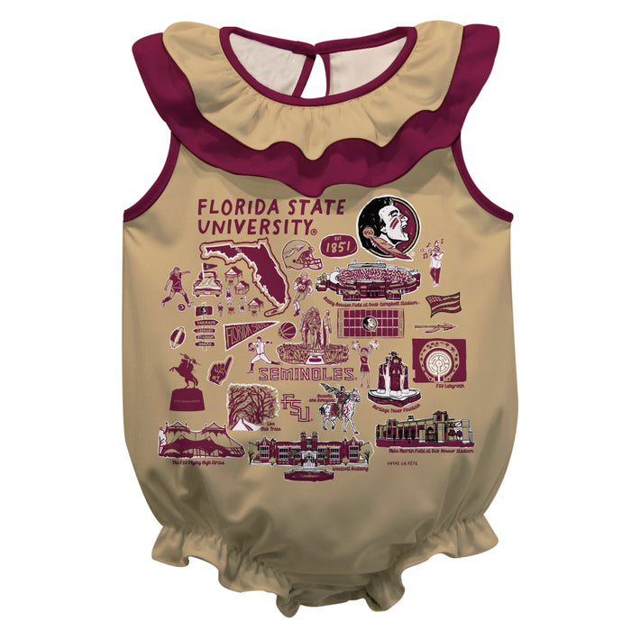 Florida State Seminoles  Gold Hand Sketched Vive La Fete Impressions Artwork Sleeveless Ruffle Onesie Bodysuit