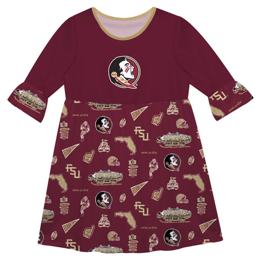 Florida State Seminoles 3/4 Sleeve Solid Garnet Repeat Print Hand Sketched Vive La Fete Impressions Artwork on Skirt