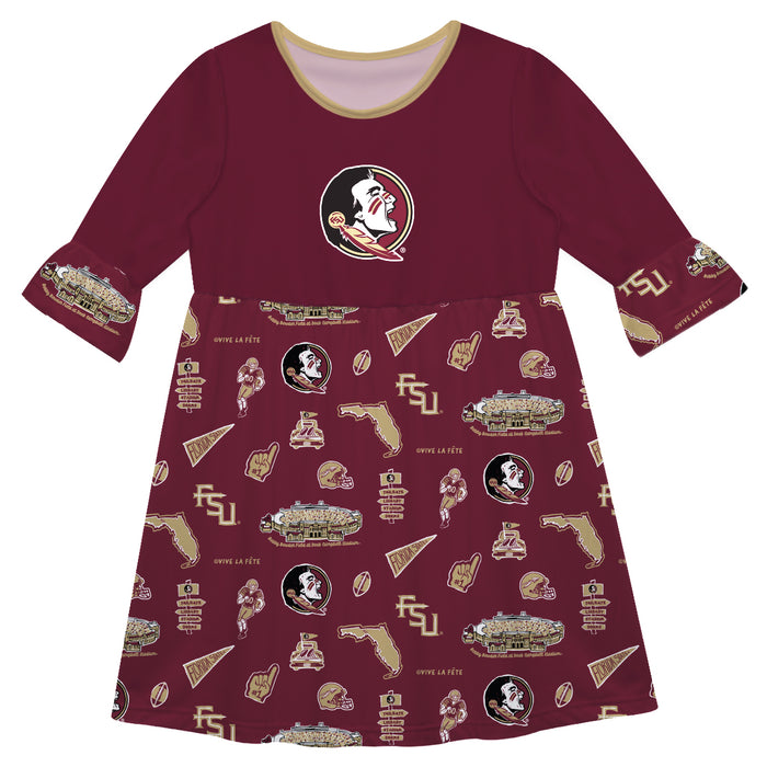 Florida State Seminoles 3/4 Sleeve Solid Garnet Repeat Print Hand Sketched Vive La Fete Impressions Artwork on Skirt