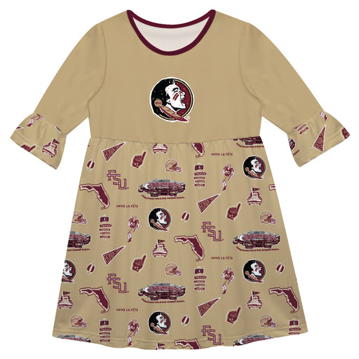 Florida State Seminoles 3/4 Sleeve Solid Gold Repeat Print Hand Sketched Vive La Fete Impressions Artwork on Skirt