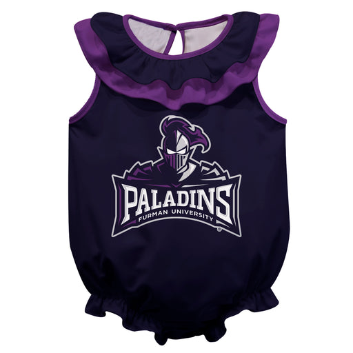 Furman Paladins Purple Sleeveless Ruffle Onesie Logo Bodysuit by Vive La Fete