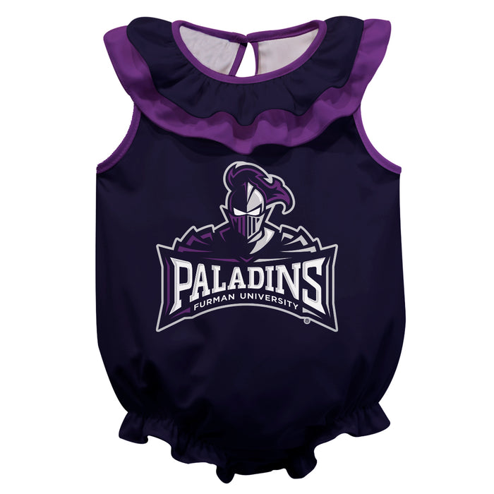 Furman Paladins Purple Sleeveless Ruffle Onesie Logo Bodysuit by Vive La Fete