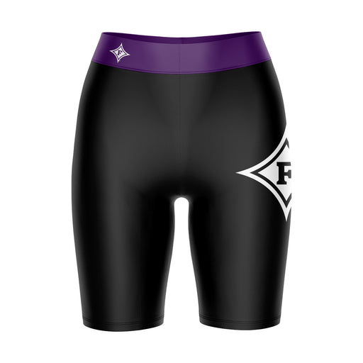 Furman Paladins Vive La Fete Game Day Logo on Thigh and Waistband Black and Purple Women Bike Short 9 Inseam"