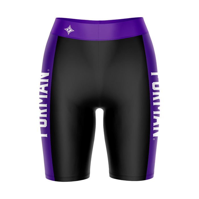 Furman Paladins Vive La Fete Logo on Waistband and Purple Stripes Black Women Bike Short 9 Inseam