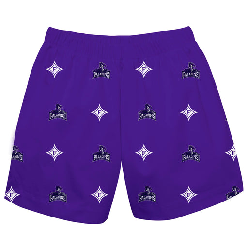 Furman Paladins Vive La Fete Boys Game Day All Over Logo Elastic Waist Classic Play Purple Pull On Short