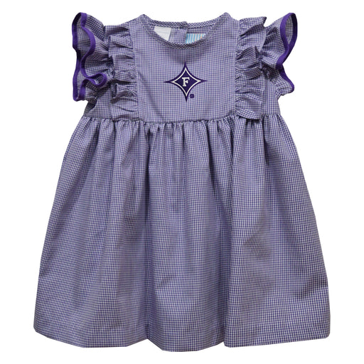 Furman Paladins Embroidered Purple Gingham Ruffle Dress