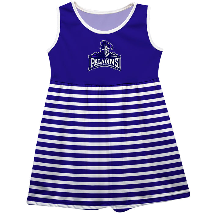 Furman Paladins Vive La Fete Girls Game Day Sleeveless Tank Dress Solid Purple Logo Stripes on Skirt