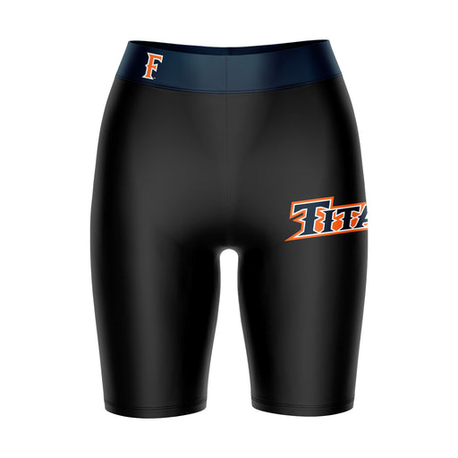 Cal State Fullerton Titans CSUF Vive La Fete Logo on Thigh & Waistband Black & Navy Women Bike Short 9 Inseam"