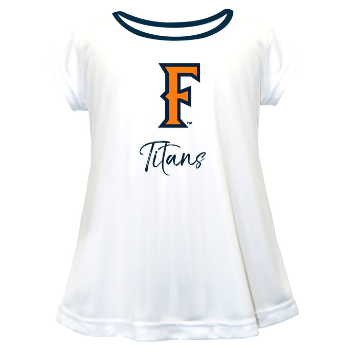 Cal State Fullerton Titans Vive La Fete Girls Game Day Short Sleeve White Top with School Logo and Name