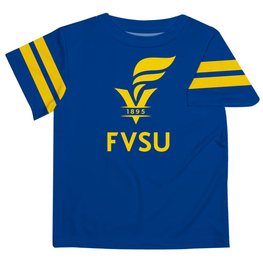 Fort Valley State Wildcats FVSU Vive La Fete Boys Game Day Blue Short Sleeve Tee with Stripes on Sleeves