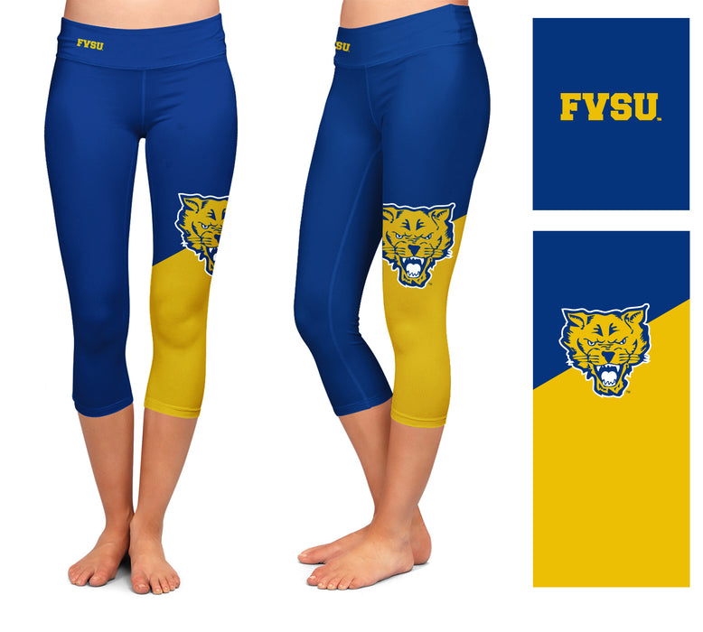 Fort Valley State Wildcats FVSU  Vive La Fete Collegiate Leg Color Block Girls Blue Gold Capri Leggings - Vive La Fête - Online Apparel Store