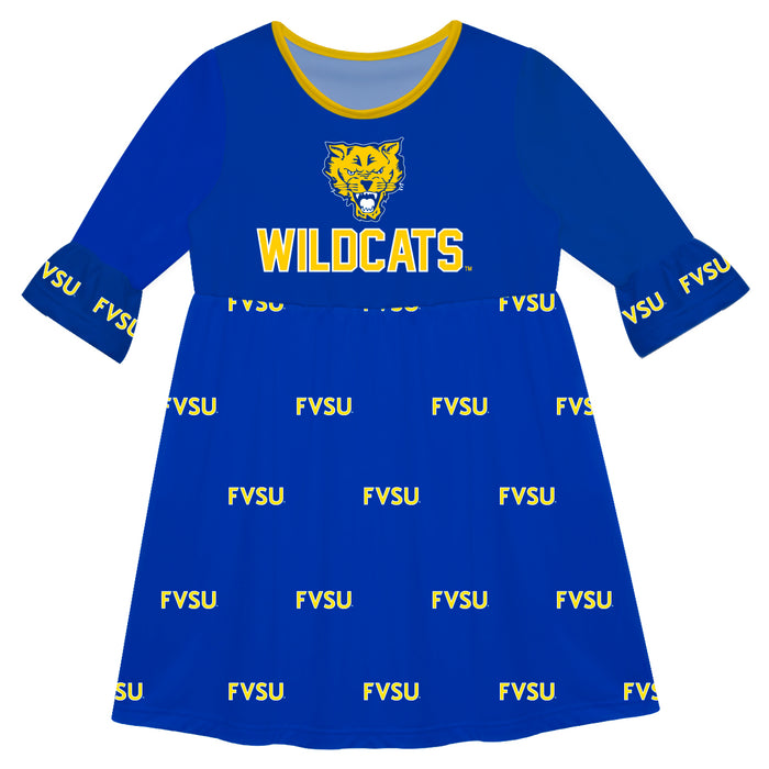 Fort Valley State Wildcats FVSU Vive La Fete Girls Game Day 3/4 Sleeve Solid Blue All Over Logo on Skirt