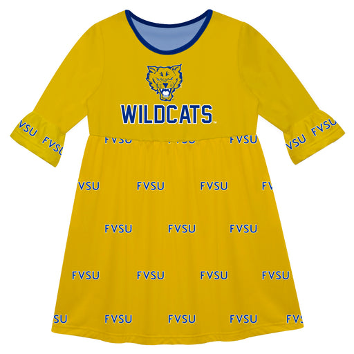 Fort Valley State Wildcats FVSU Vive La Fete Girls Game Day 3/4 Sleeve Solid Gold All Over Logo on Skirt