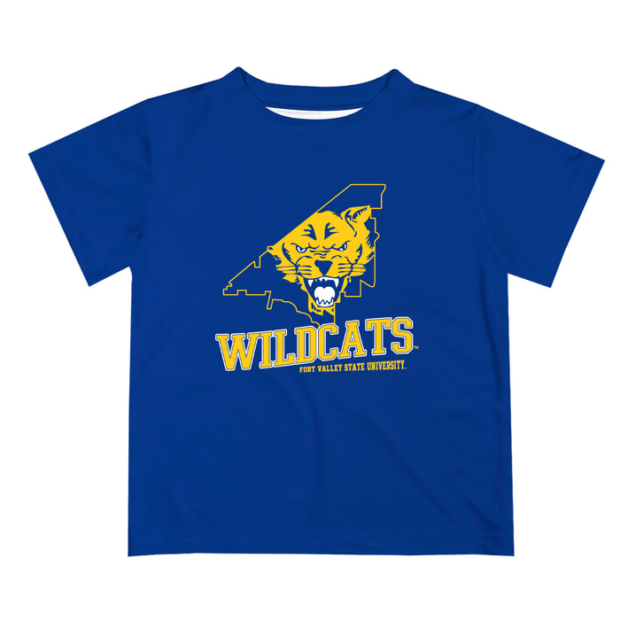 Fort Valley State Wildcats FVSU Vive La Fete State Map Blue Short Sleeve Tee Shirt