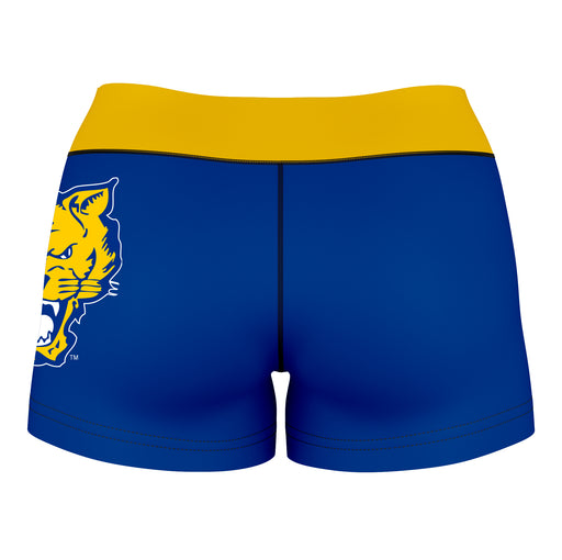 Fort Valley State Wildcats FVSU Logo on Thigh & Waistband  Blue Gold Women Yoga Booty Workout Shorts 3.75 Inseam