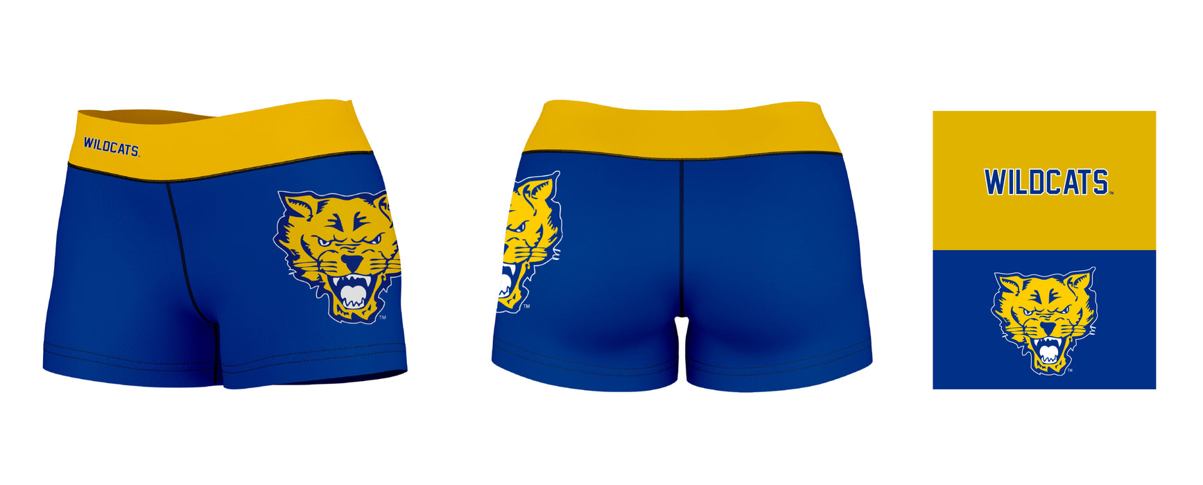Fort Valley State Wildcats FVSU Logo on Thigh & Waistband  Blue Gold Women Yoga Booty Workout Shorts 3.75 Inseam - Vive La Fête - Online Apparel Store
