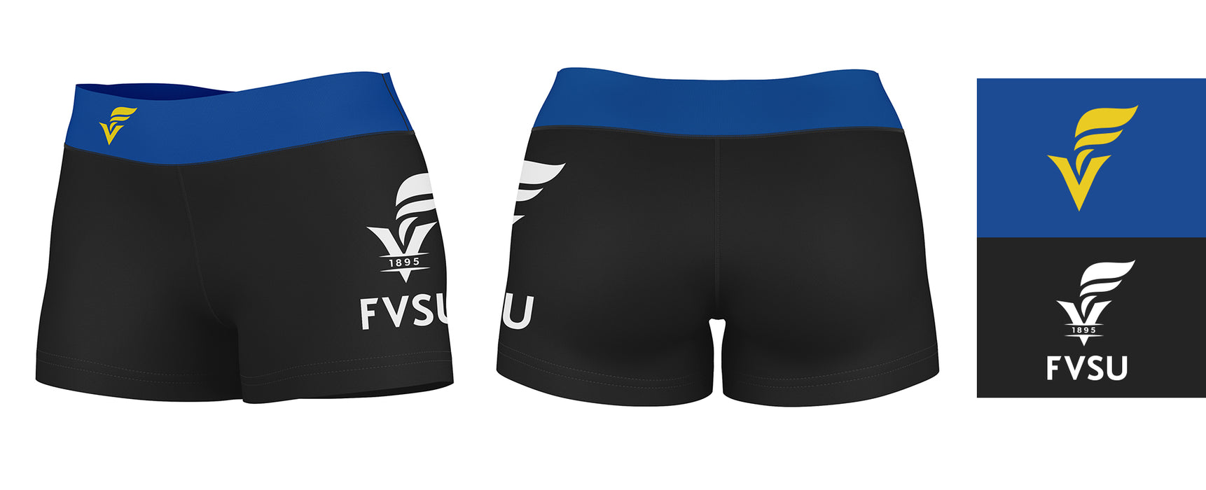Fort Valley State Wildcats FVSU Logo on Thigh & Waistband Black & Blue Women Yoga Booty Workout Shorts 3.75 Inseam - Vive La Fête - Online Apparel Store