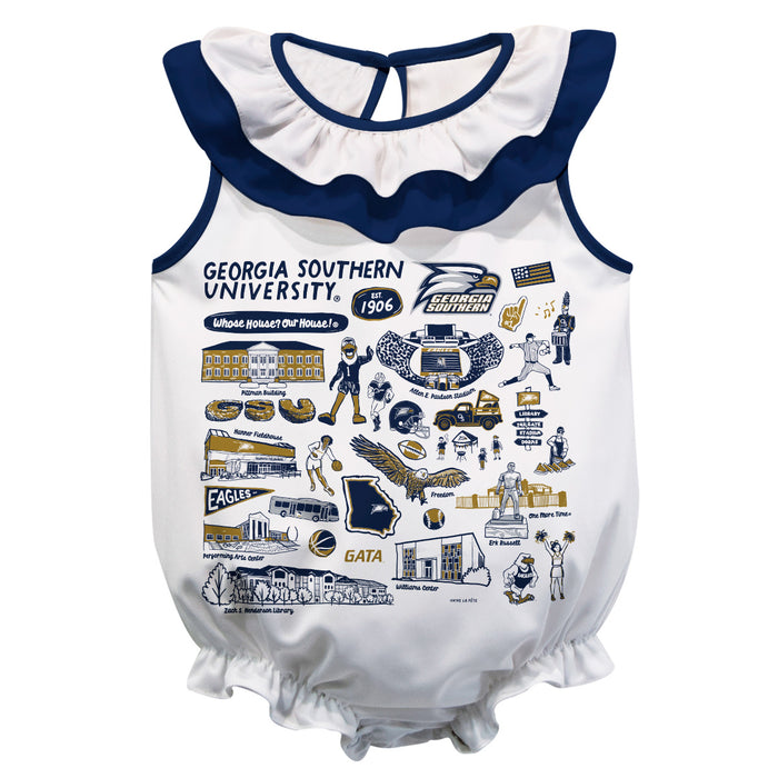 Georgia Southern Eagles  White Hand Sketched Vive La Fete Impressions Artwork Sleeveless Ruffle Onesie Bodysuit