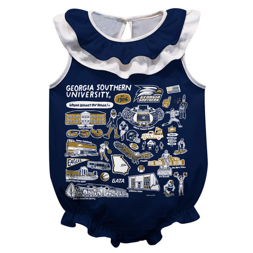 Georgia Southern Eagles  Navy Hand Sketched Vive La Fete Impressions Artwork Sleeveless Ruffle Onesie Bodysuit