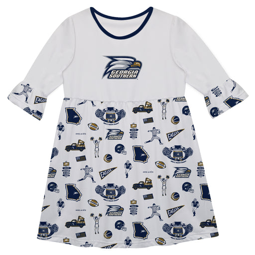 Georgia Southern Eagles 3/4 Sleeve Solid White Repeat Print Hand Sketched Vive La Fete Impressions Artwork on Skirt