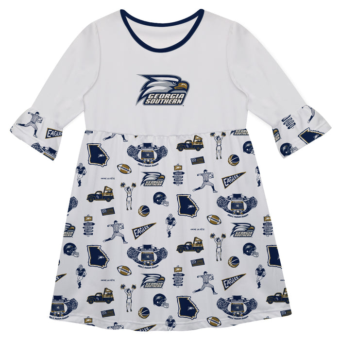 Georgia Southern Eagles 3/4 Sleeve Solid White Repeat Print Hand Sketched Vive La Fete Impressions Artwork on Skirt