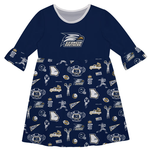 Georgia Southern Eagles 3/4 Sleeve Solid Navy Repeat Print Hand Sketched Vive La Fete Impressions Artwork on Skirt
