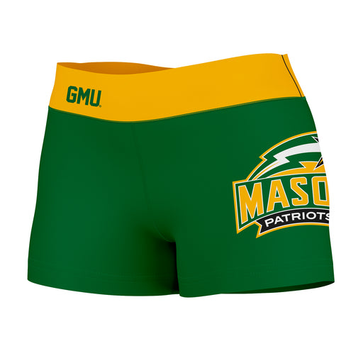 George Mason Patriots Vive La Fete Logo on Thigh & Waistband Green Gold Women Yoga Booty Workout Shorts 3.75 Inseam